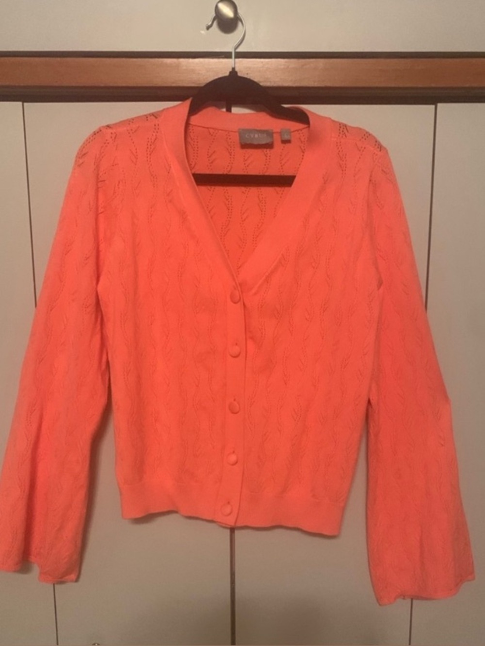 Cyrus Coral Knit V-Neck Button Cardigan Bell Sleeve L Coquette Feminine Chic
